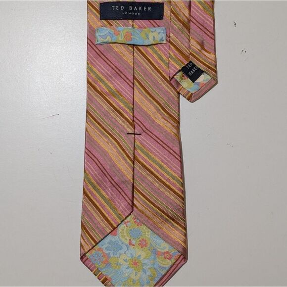 TED BAKER LONDON Pink/Burgundy stripe Silk USA Handmade Necktie/Tie - Picture 4 of 6